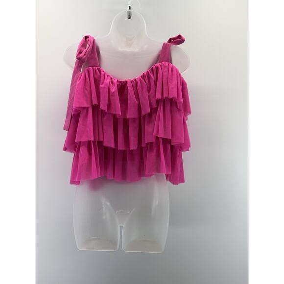 Entro Hot Pink Tiered Ruffle Tank Top Tulle Ribbon Straps Women’s Size Medium - Picture 2 of 10